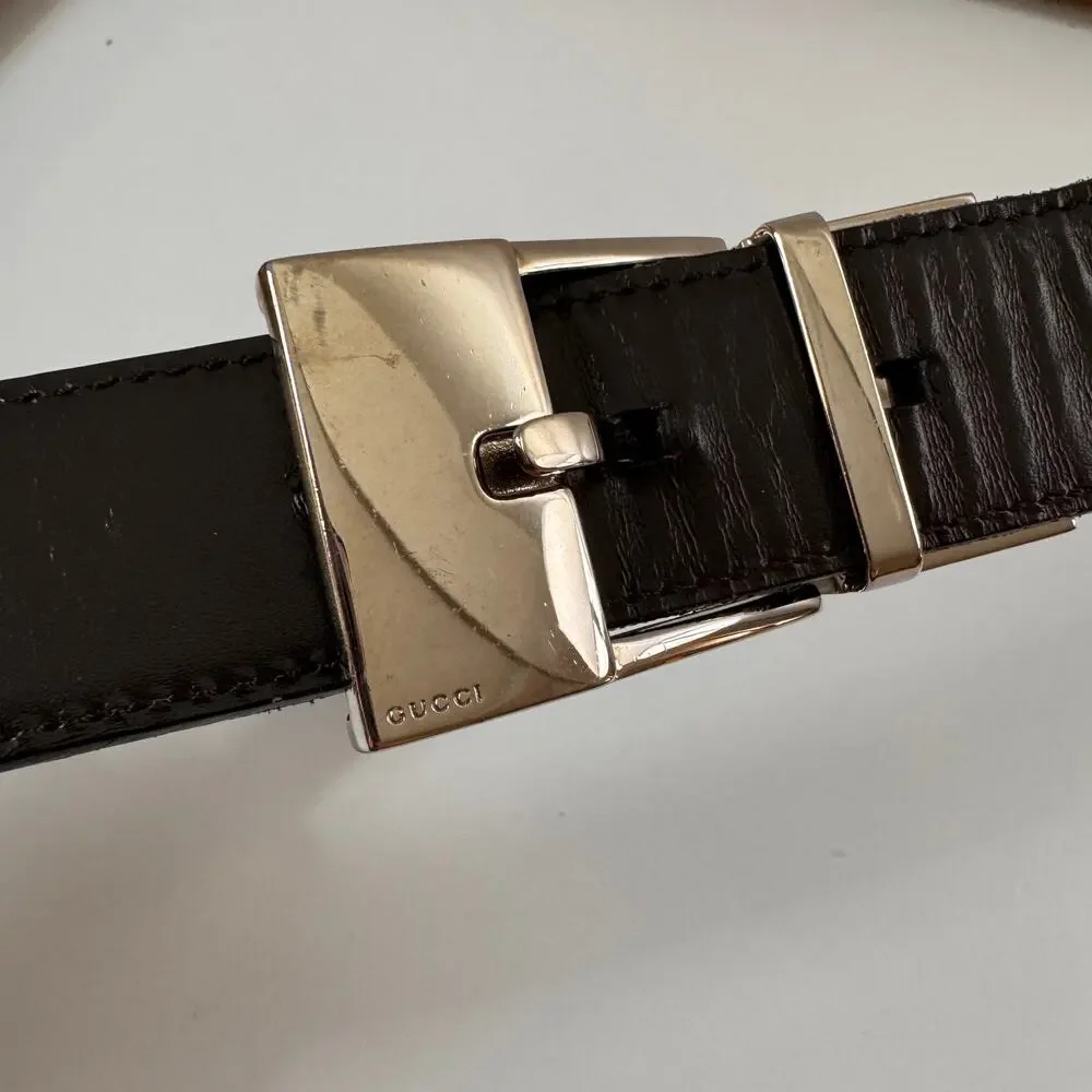 GUCCI Men's Calf Belt Black Leather Nickel Silver Tone Single Tongue Buckle USED